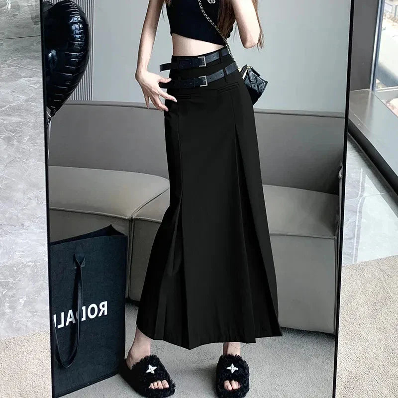 vmtvr Women Double Belt Suit Skirts Korean Fashion High Waist Midi Skirt Y2K Casual All Match Female Slim Fit Black Skirts Summer New