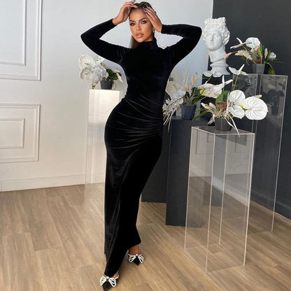 Long Sleeve Elegant Black Velvet Bodycon Maxi Dress For Women Ruched Party Evening Long Dresses  Spring Female Clothes