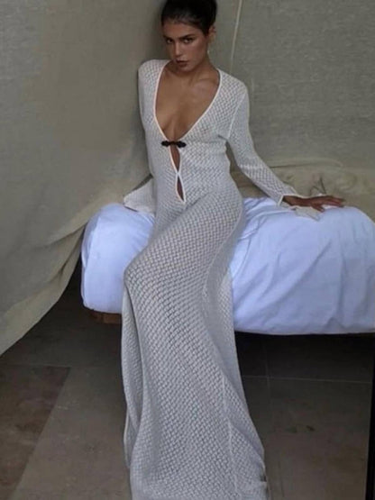 vmtvr Summer Beach Holiday Knitted Maxi Dress Outfits for Women Party Club Long Sleeve See Through Dresses Hollow Out