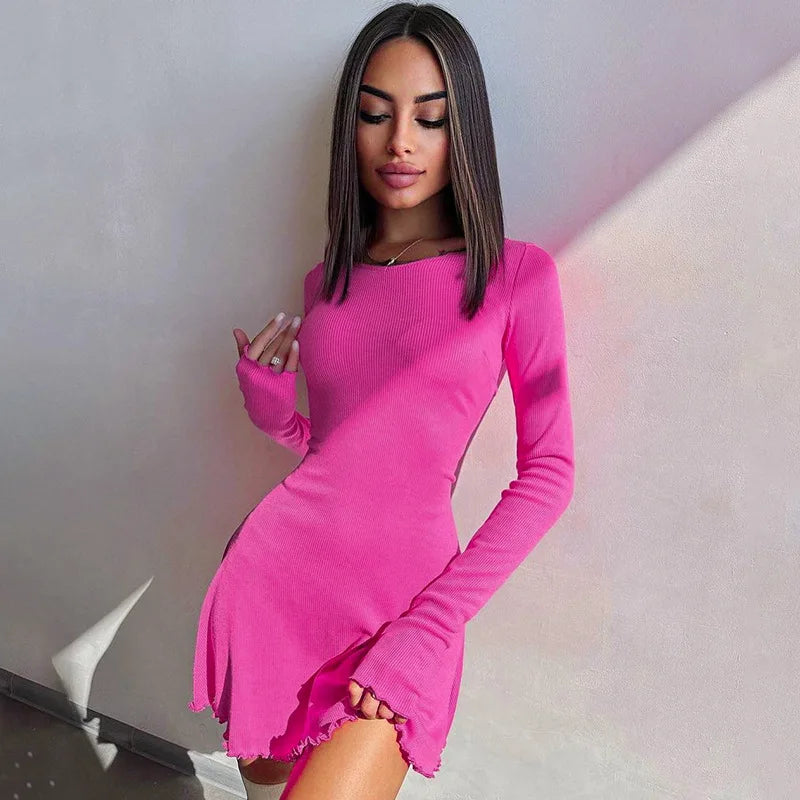 Solid Knitted Mini Dress for Women Elegant Outfits Fall Long Sleeve Bandage A-Line Vestido Plunge Dresses Clothes