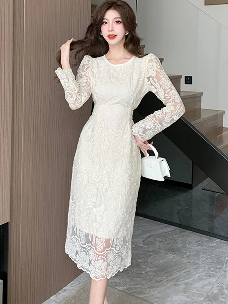 vmtvr Summer White Lace Hook Flower Hollow Midi Dress Women Fashion Chic Luxury Party Evening Dress 2024 Korean Vintage Festival Dress