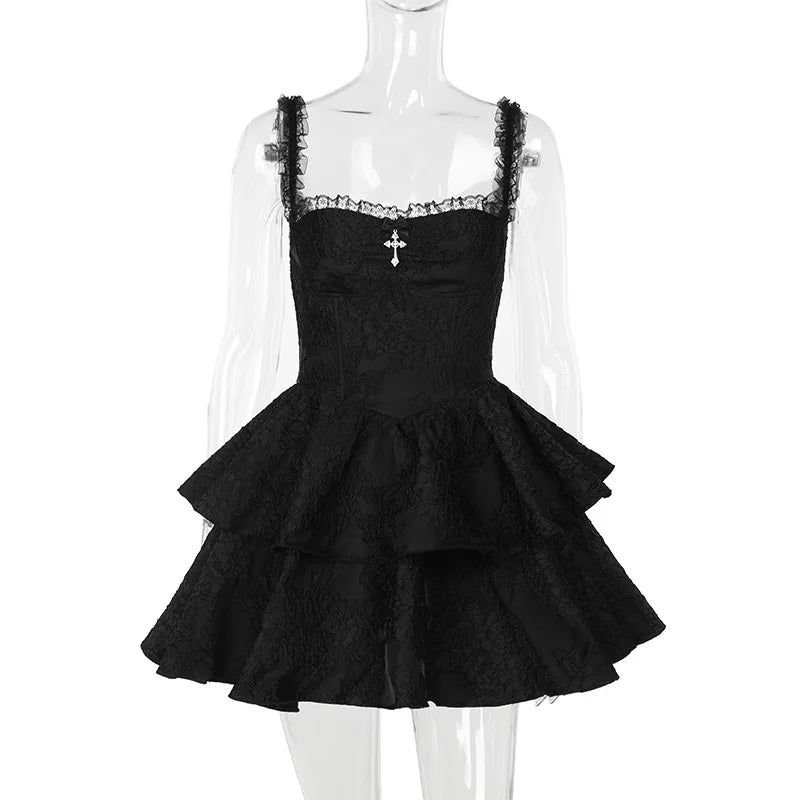 vmtvr  -  Gothic Jacquard Double Cake Suspender Dress Women Vintage Lace Trim Backless A Line Mini Dress Sexy Club Cami Dress