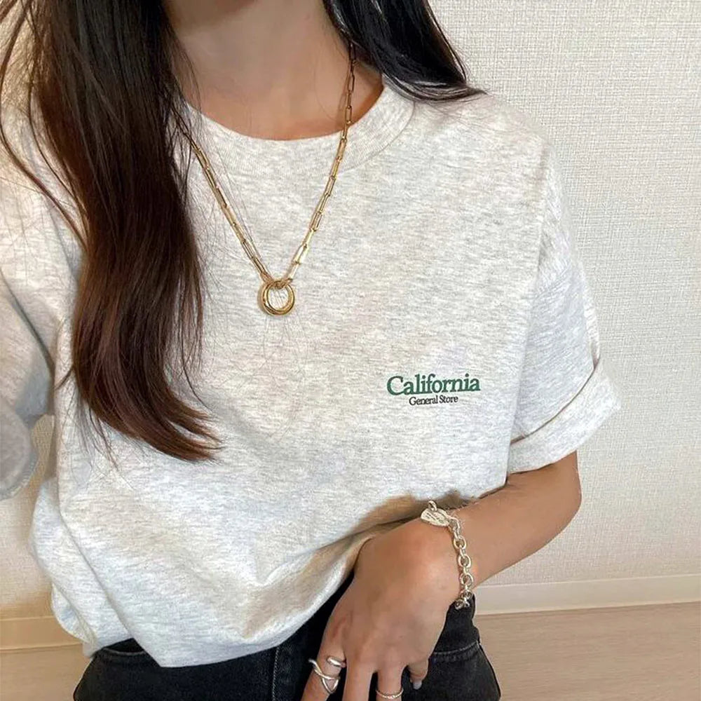 -Retro sports style outfit streetwear 90s fashion California General Store Pocket Letters Printing Women T Shirts Summer Light Gray Kpop Loose Cotton Tops Short Sleeve Y2K Tees