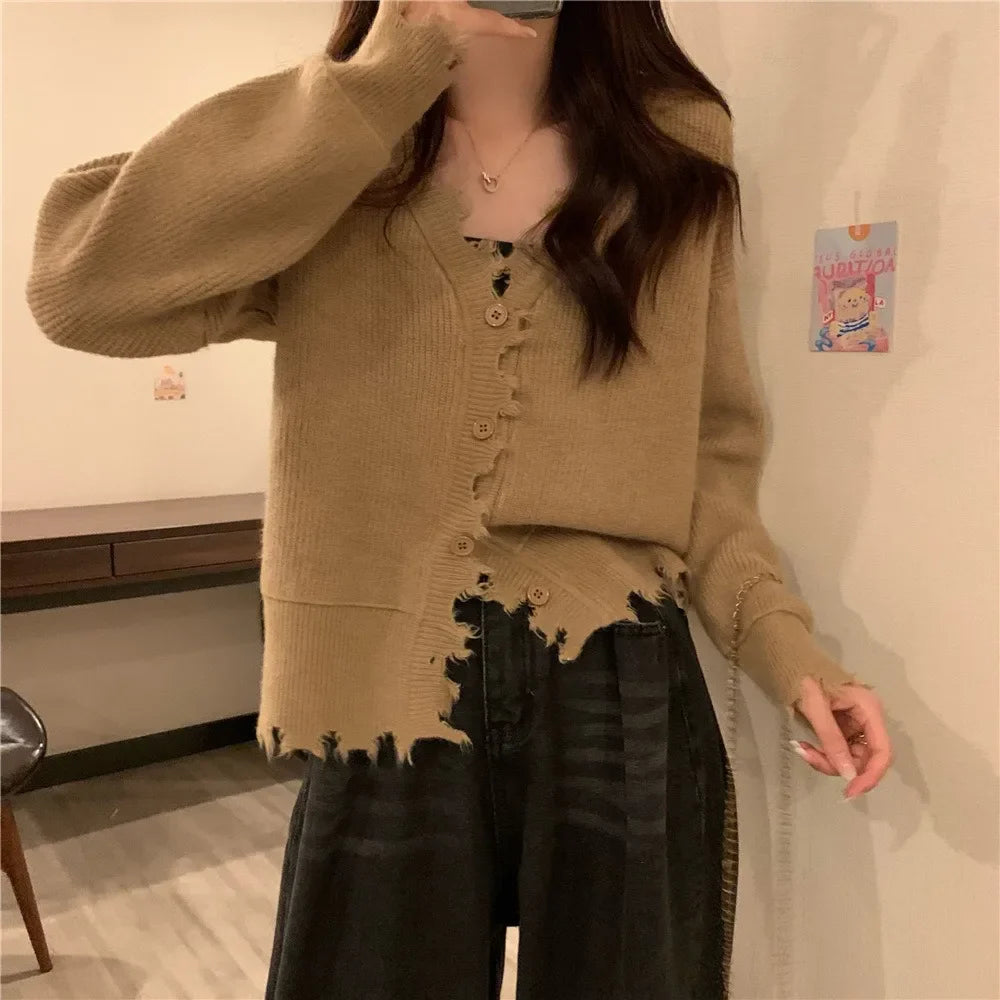 vmtvr French Style Sweater Cardigan Women Long Sleeve V-neck Frayed Sweaters Autumn Winter Cropped Kintted Cardigan Elegant Streetwear