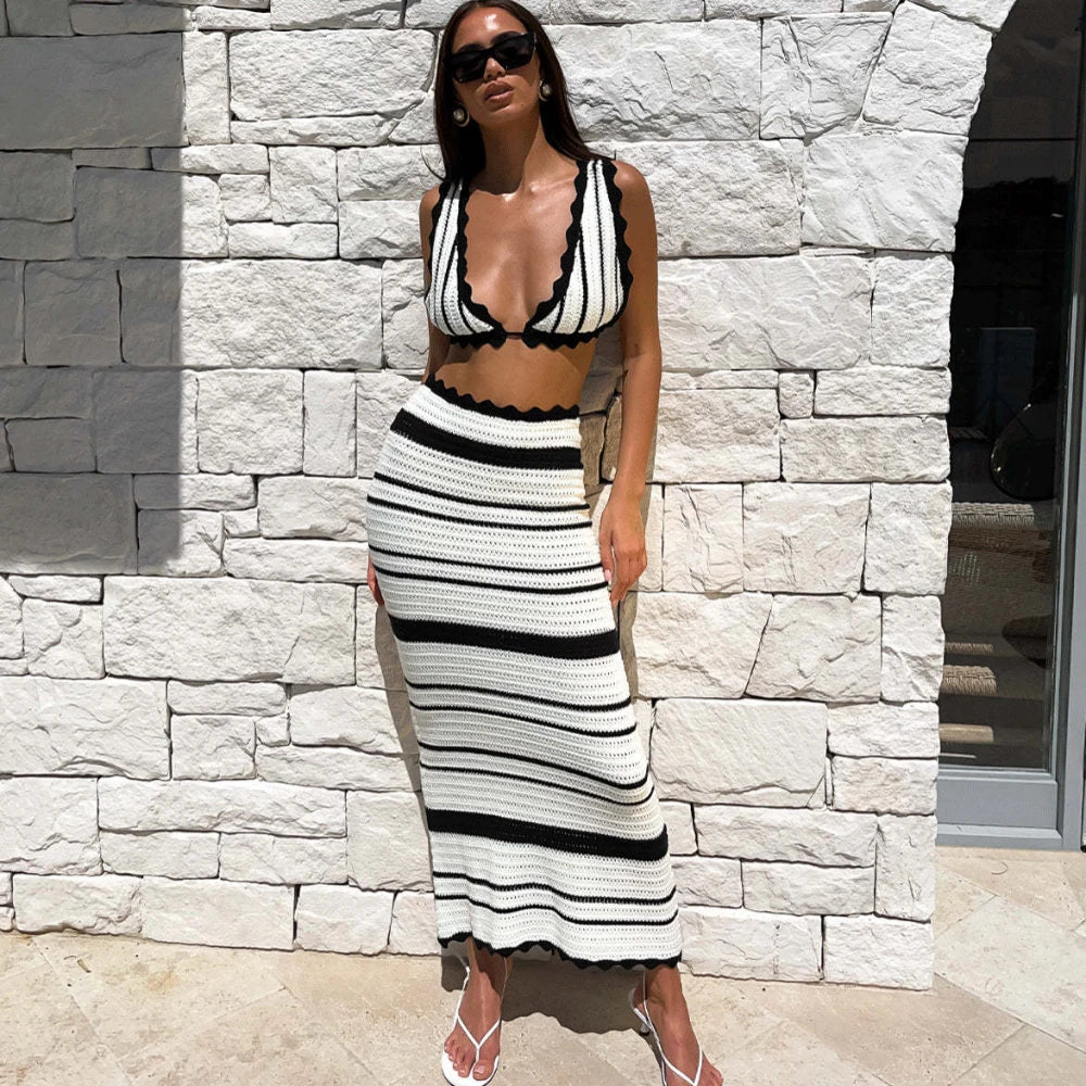 vmtvr Summer Knitted Beach Skirt Sets Women Sexy Backless Slim Bohemian Outfits Fashion Striped Holiday Two Piece Set 2024 Beachwear