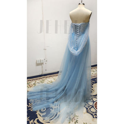 vmtvr  New Sky Blue Off Shoulder Mermaid Sequined Evening Prom Dress for Women Sexy Sweetheart High Slit Party Gown Sweep Train