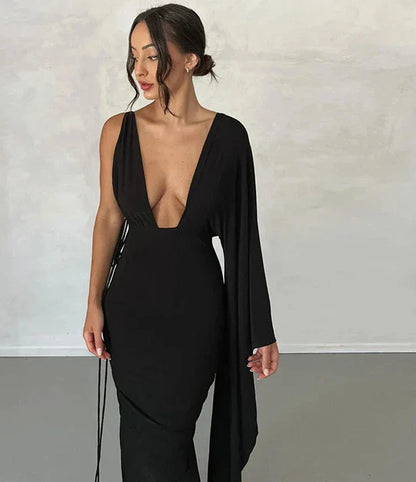 vmtvr Fashion Draped Deep V Sexy Backless Maxi Dresses Party Club Women Elegant One Shoulder Gown Slip Dresses Ruched