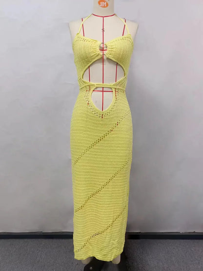 vmtvr  -  Yellow Knitted Beach Dress Women Fashion Halter Hollow Out Slim Long Dresses Summer Sexy Backless Holiday Party Outfits