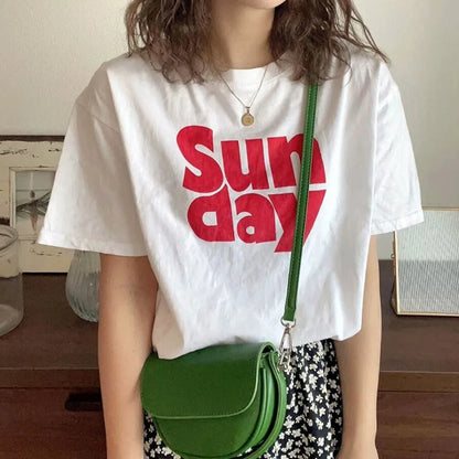 -Retro sports style outfit streetwear 90s fashion  Summer Sunday Big Letters Printing Female KPOP White Shirts Short Sleeve Cotton Loose Summer Tops Crewneck Casual Tees