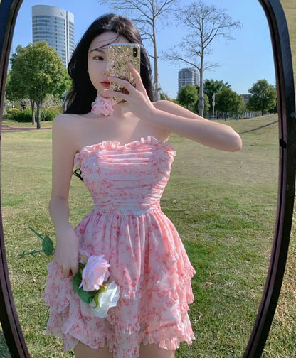 vmtvr Casual Floral Sexy Dress Women Summer Pink Sleeveless Patchwork Mini Dresses Female Elegant Party Holiday Slim Korean Dress