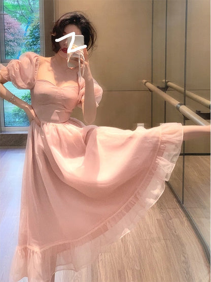 Pink Sweet Midi Dress Woman Casual French Elegant Party Dress Beach  Summer Office Lady One Piece Dress Korean Fashion Chic