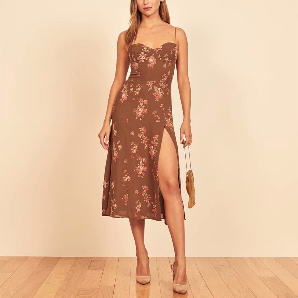 Summer Dresses For Women Elegant Vintage Floral Print Dress Sweetheart Neck Spaghetti Strap Midi Dress With Slit Sundress