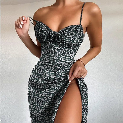 vmtvr Beach Style Floral Strapless Dress Spring and Summer Women's Sexy Fashionable V-Neck Floral Pleats Tied Side Slit Camisole Dress