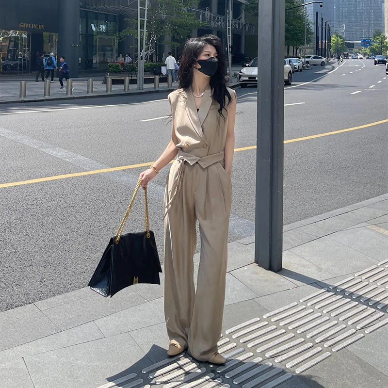 vmtvr Casual Fashion Summer Sleeveless Drawstring Sports Top + High Waist Wide Leg Pants Set Female High Street Office Wear Ladies