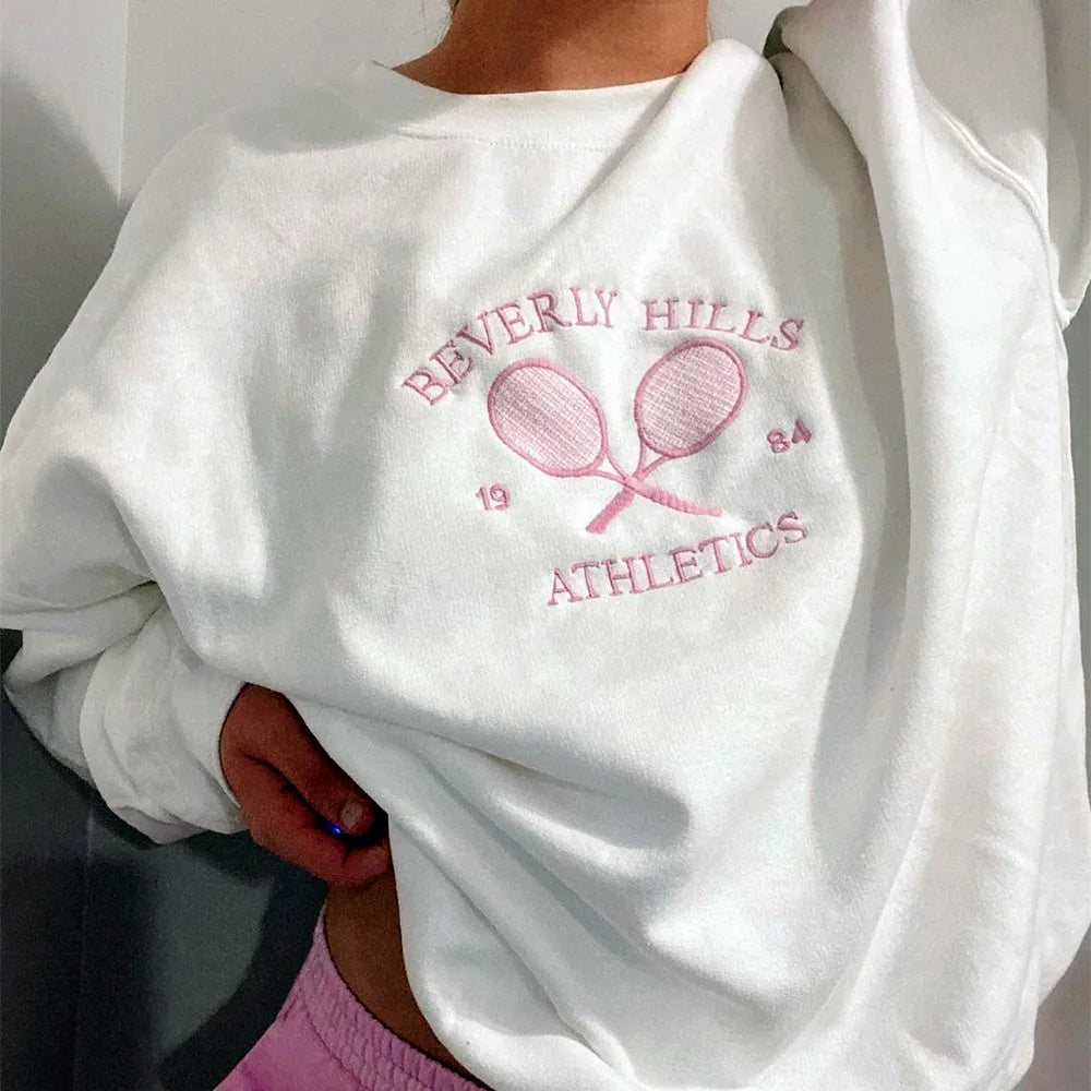 -Retro sports style outfit streetwear 90s fashion Women Spring Tennis Athletics 1984 Embroidered Vintage Style White Sweatshirts Loose Cotton No Fleece Ins Fashion Y2K Pullovers