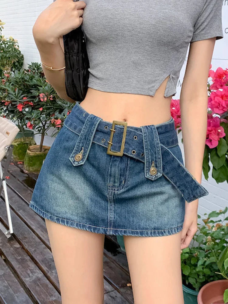 vmtvr Blue Women Denim Skirts High Waist Fashion Belt Lining Shorts A Line Y2K Jean Skirts Streetwear Summer Ladies Skirt New