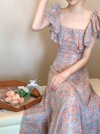 vmtvr  -  outfit ideas Elegant Chiffon Floral Strap Dress for Women Summer Mesh Stitching Strapless Dress Holiday Ladies Vestidos Female Robe