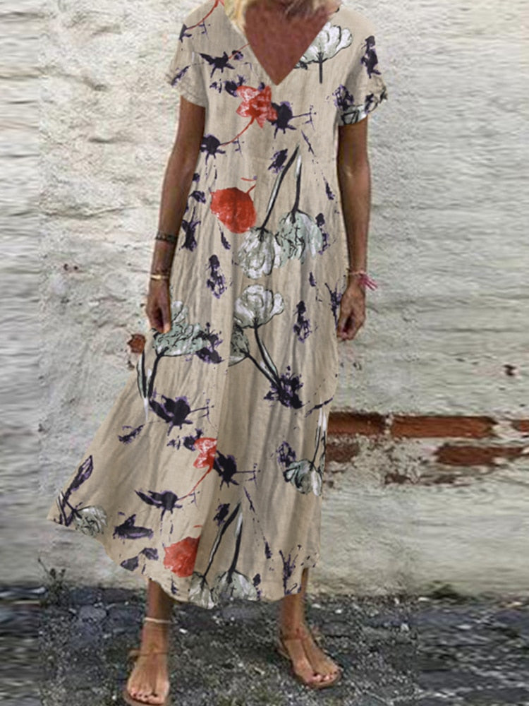 Oversized Womens Floral Sundress Kaftan Printed Summer Dress Short Sleeve Maxi Vestidos Female Casual Robe Femme