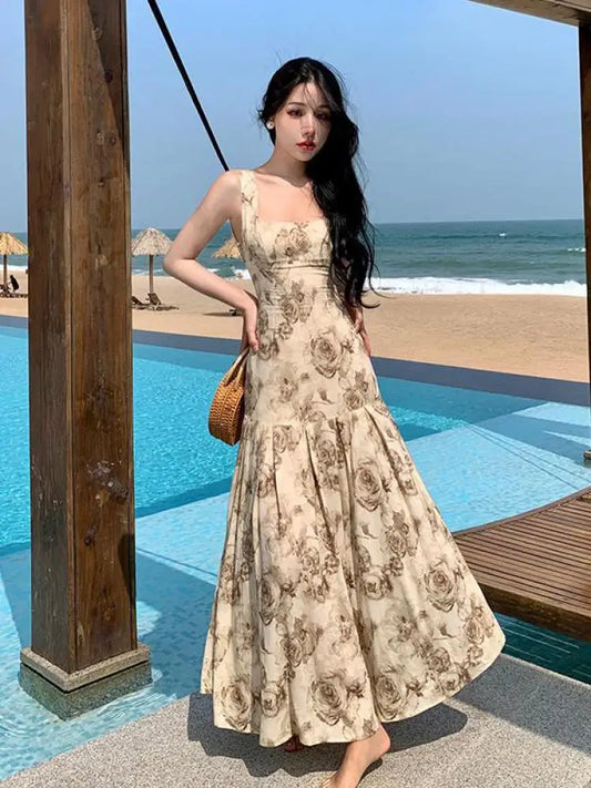 vmtvr Rose Floral Printing  Ruffles Slip Long Dresses Bohemian Backless Sleeveless Women Summer Beach Travel Party Wear Ladies Vintage