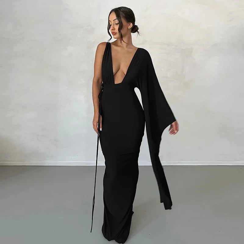 vmtvr Fashion Draped Deep V Sexy Backless Maxi Dresses Party Club Women Elegant One Shoulder Gown Slip Dresses Ruched