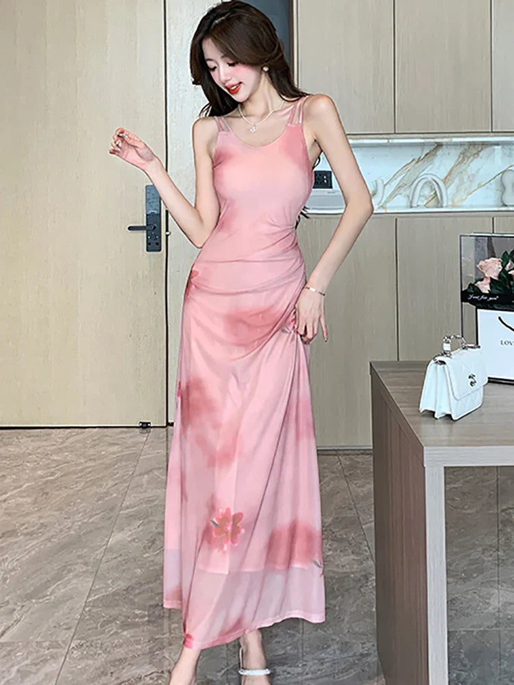 vmtvr 2024 Korean Vintage Luxury Dance Party Long Dress Summer Pink Floral Chif Sling Sexy Dresses Women Elegant Bodycon Vestidos Prom