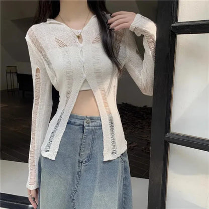 vmtvr Vintage Women Knitted T Shirts Summer Korean Hollow Out Long Sleeve Tops Casual Female Button Slim Cardigan Tees New