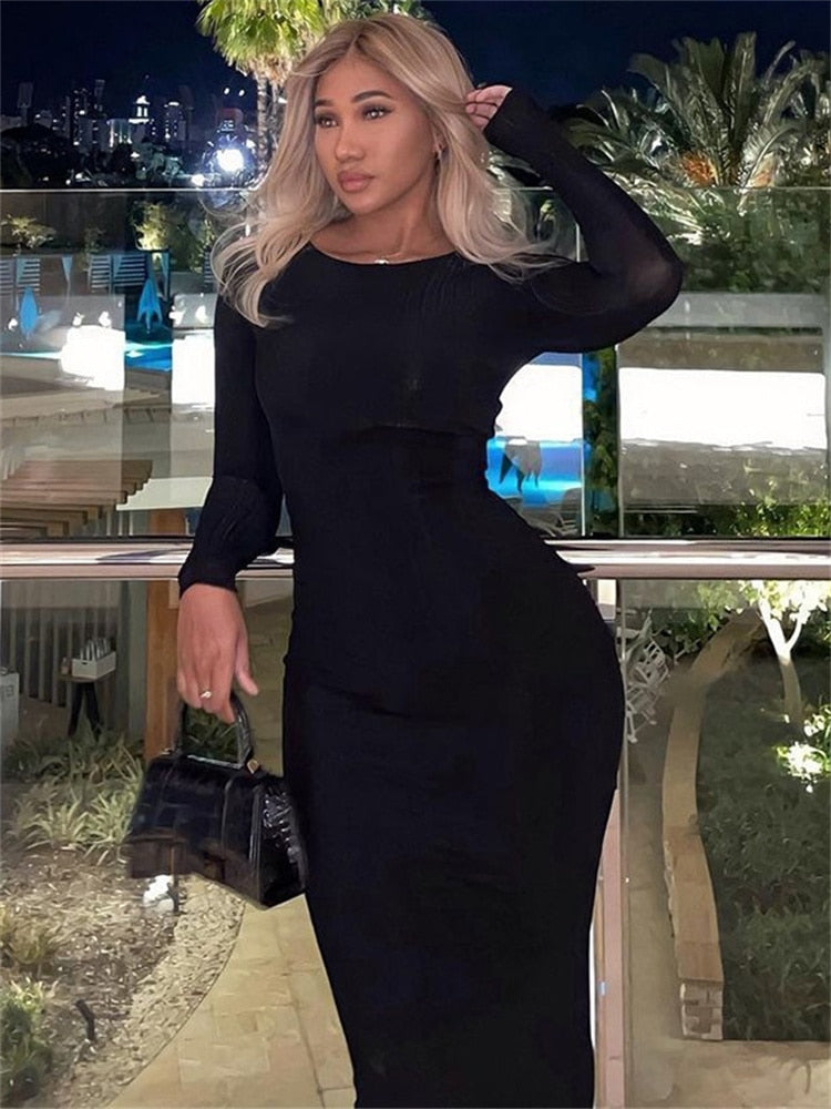 vmtvr - Elegant Sexy Bodycon Maxi Prom Dress Ribbed O Neck Long Sleeves Fall Winter Women Casual Streetwear Birthday Party Dress