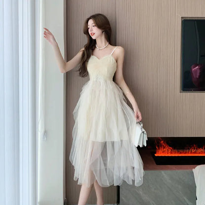 Summer Sweet Women Party White Dress Vintage Sleeveless Mesh Dress Robe Female Sundress Chic Princess A Line Midi Dress Vestido