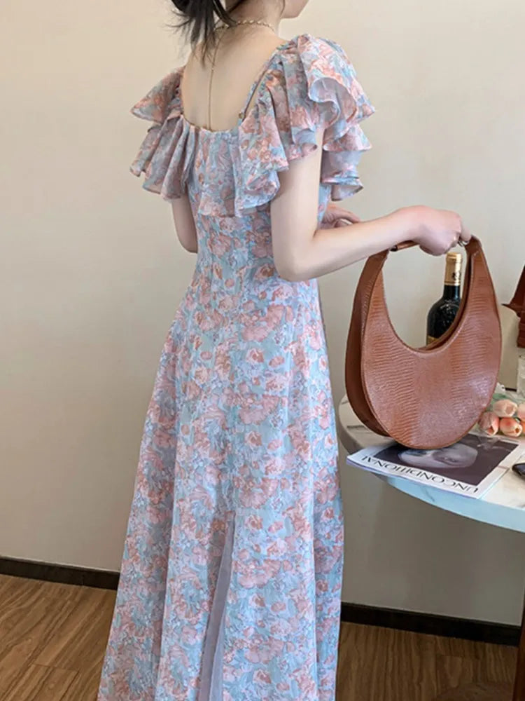 vmtvr  -  outfit ideas Elegant Chiffon Floral Strap Dress for Women Summer Mesh Stitching Strapless Dress Holiday Ladies Vestidos Female Robe