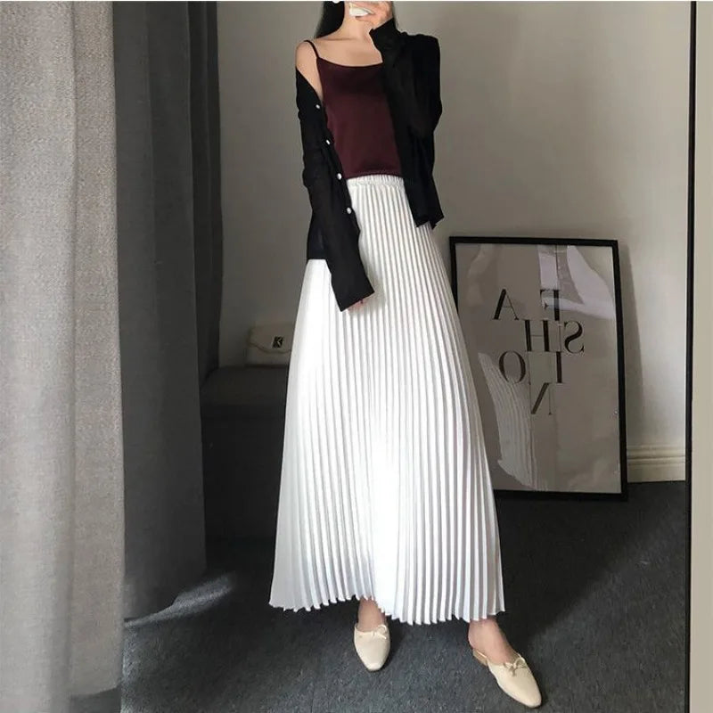 vmtvr  -  Women Long Pleated Skirts A-line Black Skirt Beach Dress High Waist Loose Vacation Design Solid Evening Dresses Women Clothing