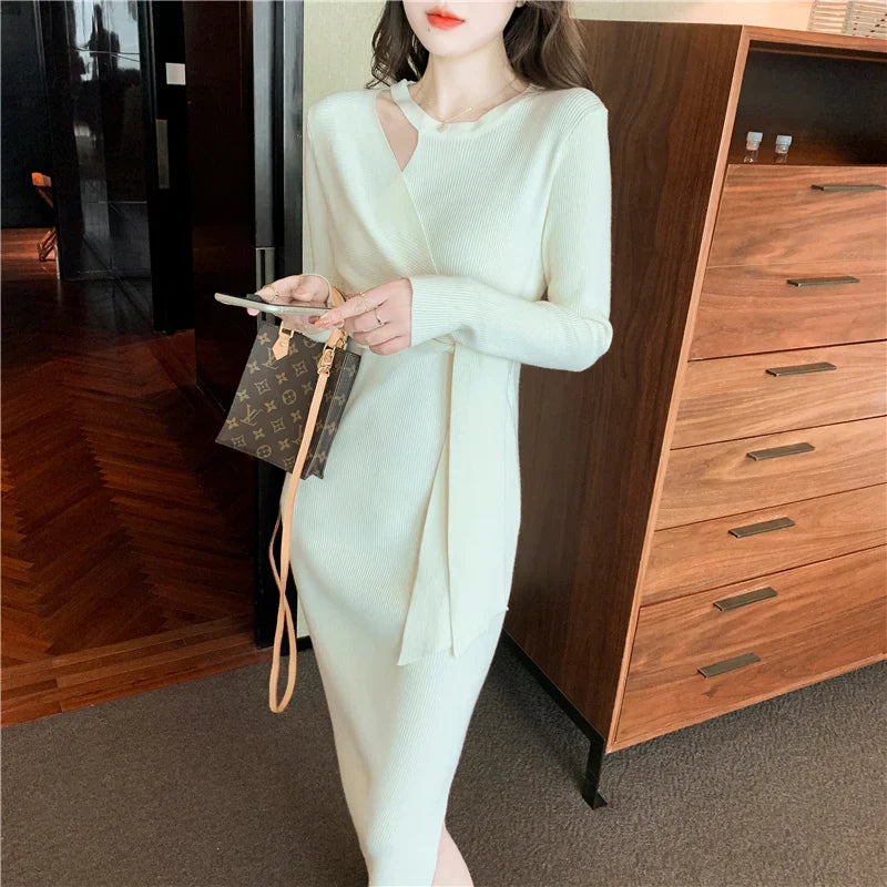 vmtvr Vintage Solid Knitted Dress Women Autumn Winter Elegant Lady Bandage Slim Sexy Midi Dress French Sweater One-piece Dress