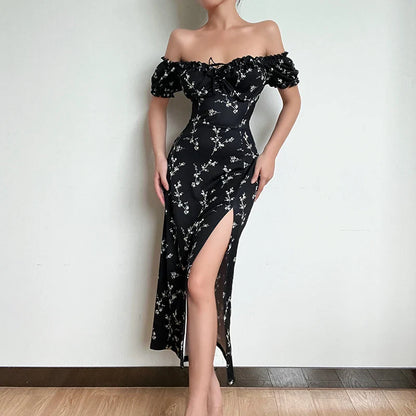 vmtvr Off Shoulder Flower Print Sexy Dress For Women High Split Elegant Long Dresses Backless Bodycon Summer Dress Vestidos