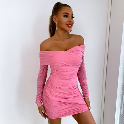 Yissang Glitter Black Mini Dress For Women Off Shoulder Long Sleeves Autumn Vestidos Ruched Bodycon Ruched Sexy Party Dresses