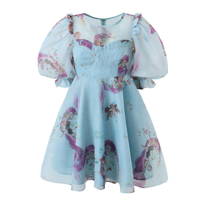 New Women Palace Style Floral Print Organza Dress Vintage Puff Sleeve Beautiful Girl Party Mini Robe Fairy Dress