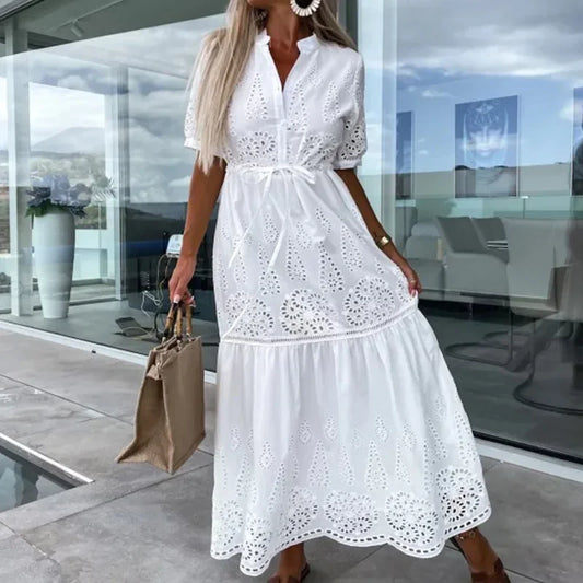 vmtvr Summer New Elegant Lace Embroidery Stitch Pleated Dresses Womem Stand Collar Button-up Party Dress Hollow Formal Female Vestidos