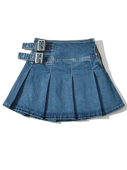 vmtvr Summer New TARUXY Denim Y2k Skirt with Pleats and Belt 90s E-girl Korean Skirts For Women High Street Jeans Short Bottom