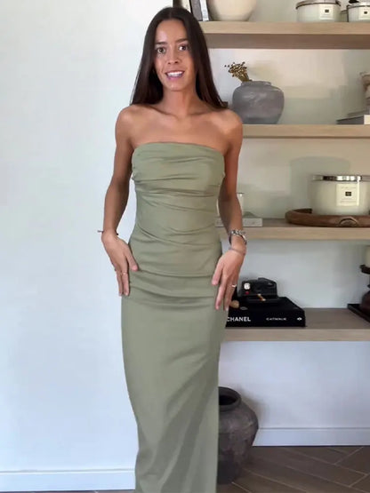 vmtvr Chic Solid Pleated Women's Strapless Maxi Dress Slim Fitting Slash Necked Skinny Long Vestido Summer Famale Club Sexy Robes