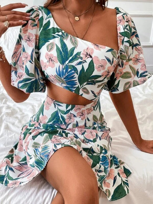 vmtvr Fashion Hollow Puff Sleeve Slim Party Dress Summer Picnic A-Line Casual Dress Women Elegant Square Neck Floral Print Mini Dress