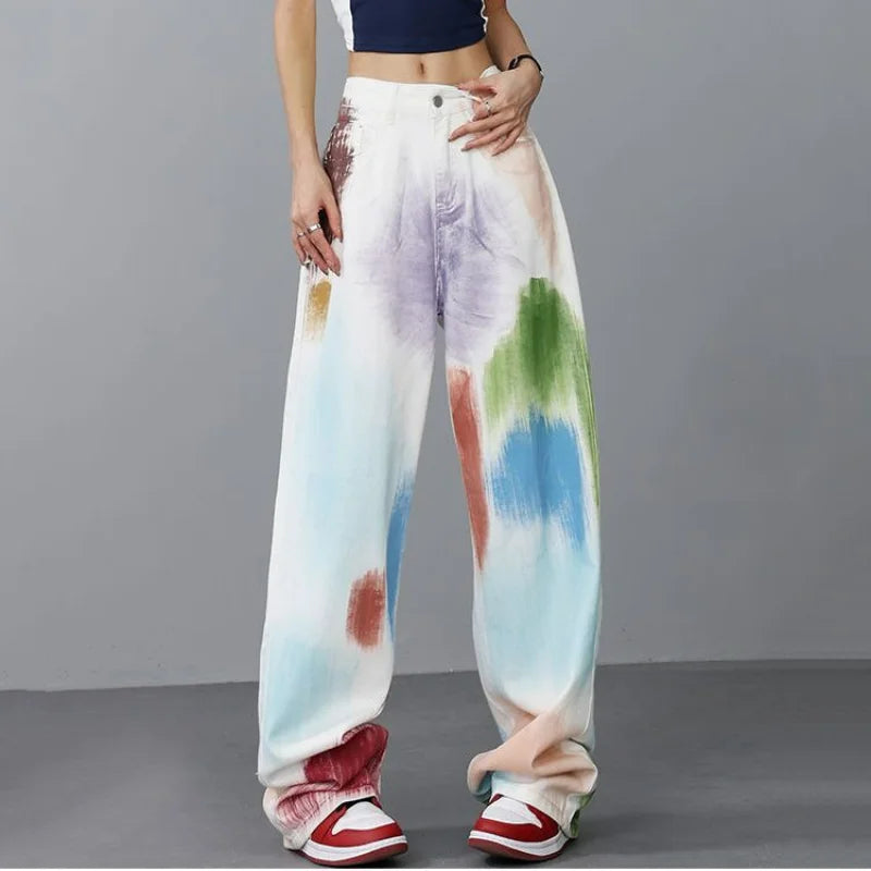 vmtvr Hip Hop Y2k Women Playful Graffiti Jeans Spring Summer New Contrast Oversized Harajuku Streetwear Fashion Casual Wide Leg Pants