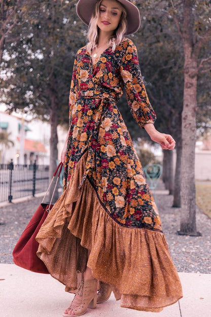 vmtvr -  Autumn New Floor Length Dress Women's Long Sleeve Printing Dress Floral Vintage Irregular Maxi Dress Mujer Chic Boho Dress