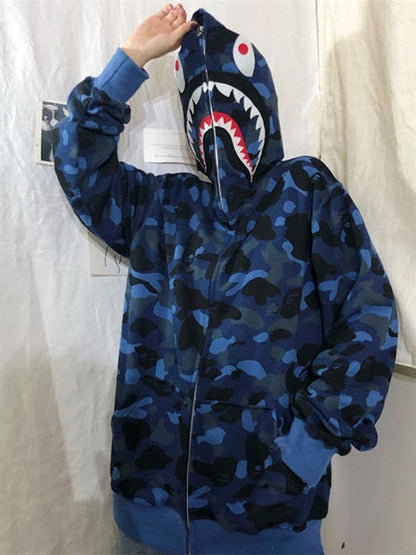 - Japanese Shark Camouflage Hoodies Women Men Sweatshirts Female Early Autumn Harajuku Hip-Hop Loose Couple Leisure Couples Hoodie