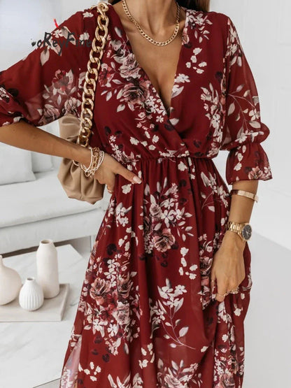 vmtvr  -  Chiffon Summer Dresses Women Elegant A-line Flower Office Spring Long Sleeve V-Neck Floral Maxi Dresses for Women Vestido