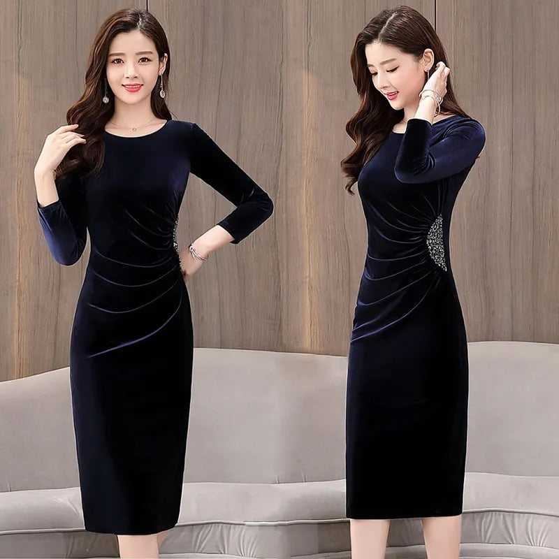 Sexy Slim Pleated Sequin Velvet Dress Women Elegant Long Sleeve Korean Evening Party Dresses Vintage Knee Length Vestido Festa