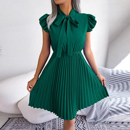 vmtvr Casual O-neck Bow Tie Up Short Sleeved Dress New Summer High Waist Pleated Mini Dress Office Lady Solid Slim Party Dress Vestido