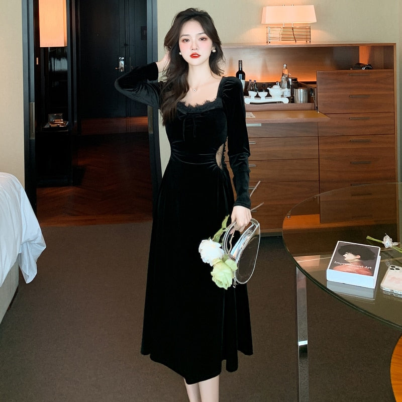 vmtvr -  New Spring and Fall Vintage Black Long Sleeve Dress Woman Elegant Fashion Velvet Midi Dress Korean Style Even Party Dresses