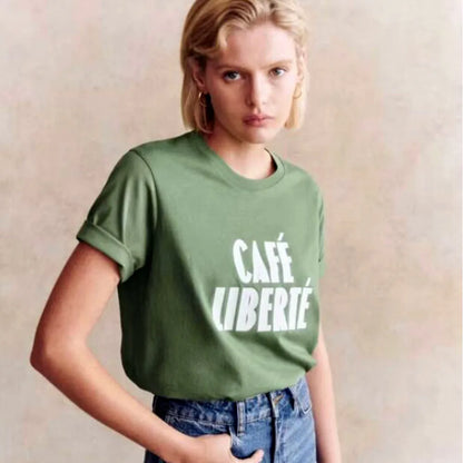 -Retro sports style outfit streetwear 90s fashion Cafe Liberte Letters Printing Retro Loose Cotton Army Green T Shirts Female Summer Short Sleeve Fashion Tops Casual Elegant Tees