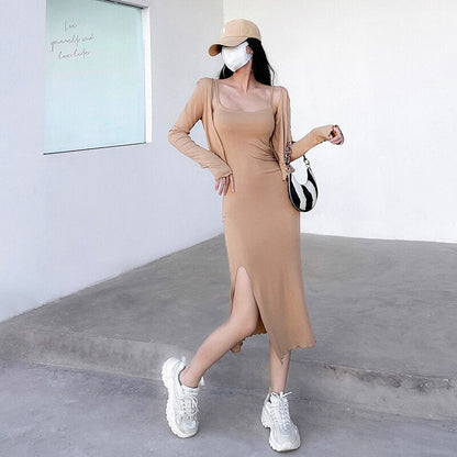 Spring Autumn Hot Girl Two Piece Mini Dress Pure Sexy Split Strap Tank Mini Dress Girl Fashion Korean Women Top 3AP0