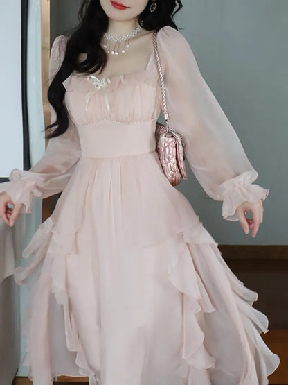 vmtvr Summer Pink Chiffon Vintage Fairy Dress Women Korean Style Elegant Party Midi Dress Female Court Retro Flare Sleeve Dresses