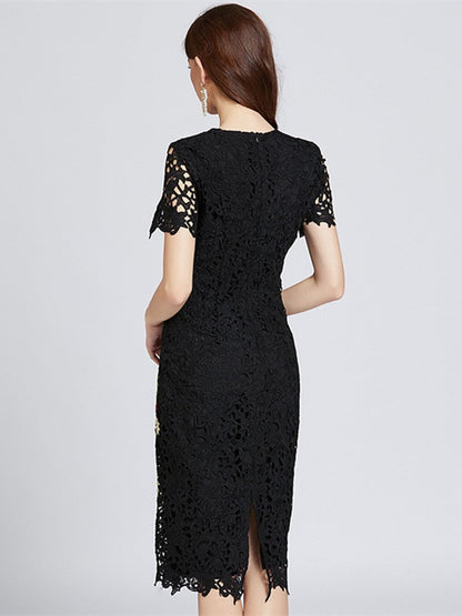 Summer Runway Water Soluble Lace Embroidery Flower Dress Women Short Sleeve Black Hollow Out Floral Party Bodycon Vestidos