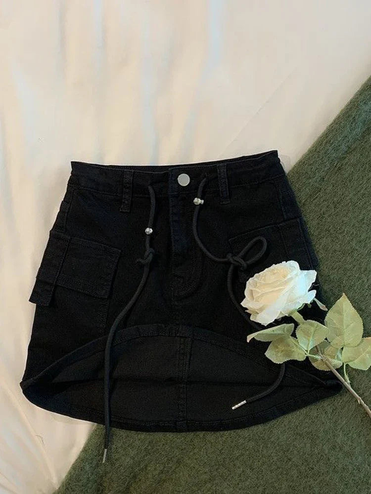 vmtvr Fashion Korean Denim Mini Cargo Skirt Women Summer High Waist Drawstring Big Pockets Jeans Skirt Preppy Style Casual Skirts